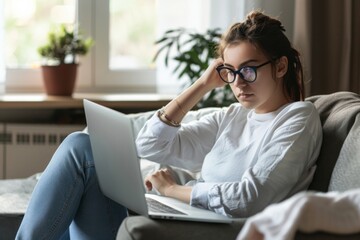 A thoughtful young woman in eyeglasses reflects while working remotely at home on her couch, yearning for motivation and a moment of respite