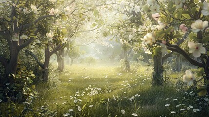Backdrop of a tranquil orchard in full bloom with blossoms and diffused sunlight