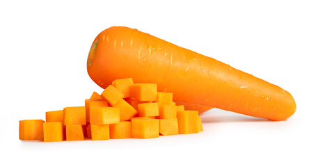 Side view of fresh orange carrot with slices in cube shape isolated on white background with clipping path