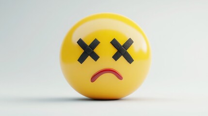 Obraz premium A 3D cartoon emoji with a stitched mouth and X-shaped eyes, showing a mix of exhaustion and silence, on a white background 