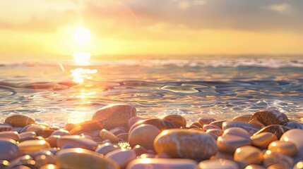 Obraz premium Coastal landscape background with clear water smooth pebbles and a glowing sunrise