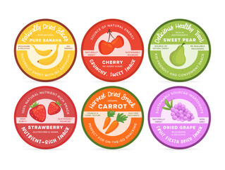 Obraz premium Assorted labels for deliciously dried fruit snacks featuring natural flavors and colorful designs, ideal for healthy on-the-go eating