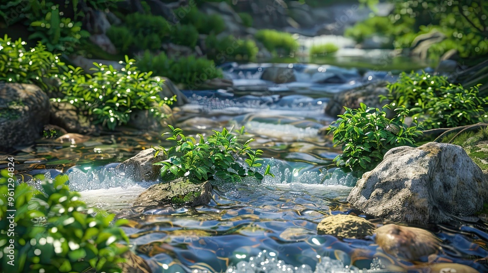 Sticker Mountain stream wallpaper featuring clear water rock textures and lush greenery