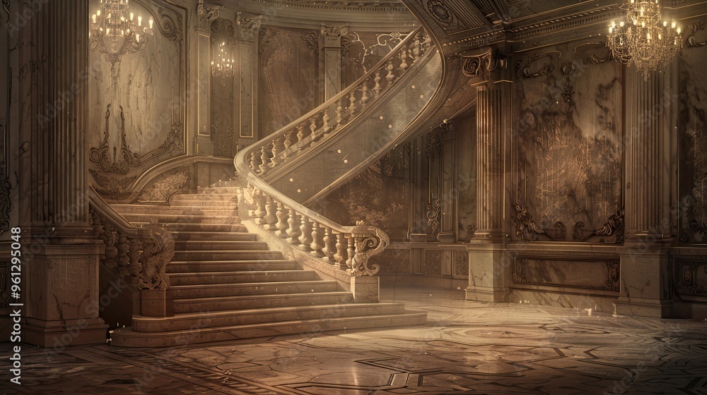 Poster Wallpaper of a marble staircase with glowing chandelier and intricate banister details