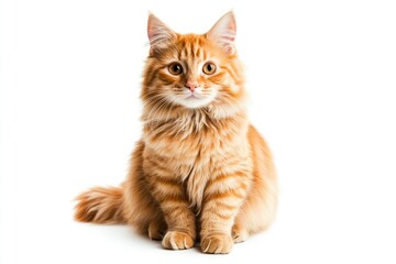 Obraz premium A cat with orange fur is sitting on a white background. The cat has a curious expression on its face , ai