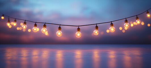 Fototapeta premium A serene twilight scene with a string of glowing, vintage light bulbs hanging above a calm body of water reflecting the soft hues of sunset. 