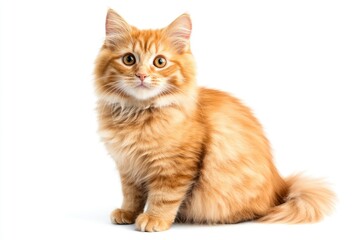 A cat with orange fur is sitting on a white background. The cat has a curious expression on its face , ai
