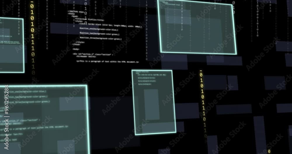 Poster animation of digital data processing and screens over dark background
