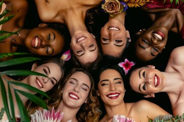 Obraz premium A joyful celebration of diverse women embracing their beauty with flowers on a serene studio background for empowerment and self-love