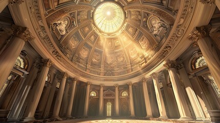 Neo-Classical rotunda background with intricate dome frescoes and gentle ambient light