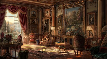 Obraz premium Wallpaper of a richly decorated salon with tapestries ornate furniture and warm ambient light