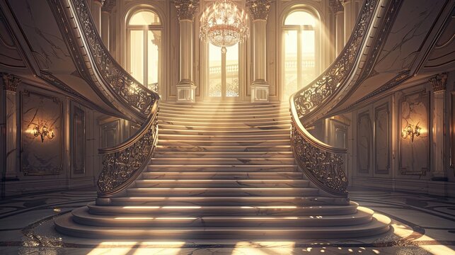 Background of a grand staircase with marble steps iron railings and glowing chandelier
