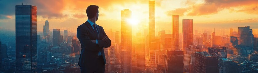 Silhouette of businessman standing with arms crossed watching the sunrise over a city skyline symbolizing new business opportunities and growth - Powered by Adobe