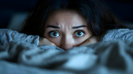 A woman appears frightened, hiding her face in a blanket at night.