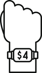 Outline icon of a hand wearing an nfc payment bracelet showing a balance of four dollars