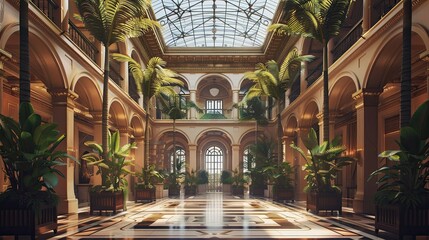Naklejka premium Grand atrium scene with lush indoor plants glass ceiling and soft ambient light