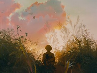 Fototapeta premium A solitary figure stands in tall grass, silhouetted against a vibrant sunset sky.