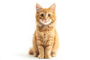 Obraz premium A cat with orange fur is sitting on a white background. The cat has a curious expression on its face , ai