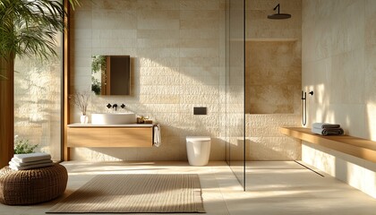 Detailed render of a minimalist bathroom featuring a wallmounted vanity