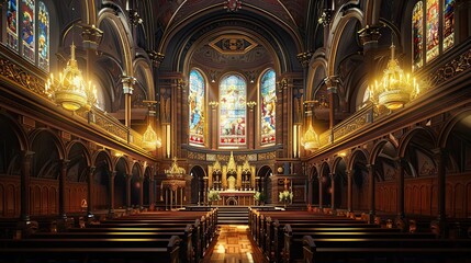 Obraz premium Intricate chapel interior with stained glass and golden reflections wallpaper