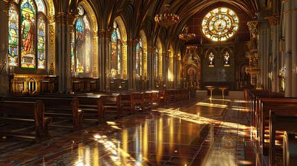 Obraz premium Adorned chapel with stained glass and soft golden light creating reflections