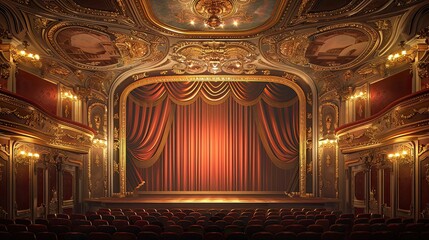 Obraz premium Ornate theater stage with detailed curtains and soft ambient lighting wallpaper