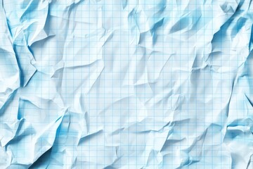 Crumpled blue checkered paper texture realisric vector illustration. White blank notebook sheet with grid, wrinkle and crease effect, note page mock up, educational template , ai