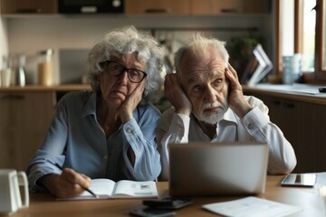 Fototapeta premium Unhappy senior couple grappling with financial stress while budgeting at home in their cozy kitchen