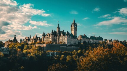 A clear sky over a historic landmark, such as a castle or monument, with perfect visibility and vibrant colors.