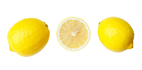 Top view set of two fresh ripe yellow lemon fruits with half or slice isolated in png file format