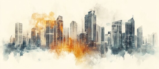 Vibrant Urban Skyline in Watercolor Style: A Dynamic Cityscape Artwork