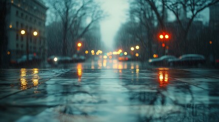 A rainy evening in the city with wet streets reflecting colorful lights from traffic and street lamps in the distance.