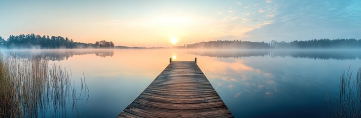 Obraz premium Serene Sunrise Over Misty Lake