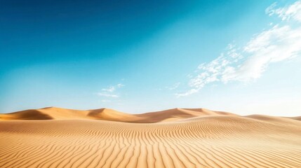Fototapeta premium A clear sky over a vast desert landscape with golden sand dunes and minimal vegetation, showcasing natural beauty.