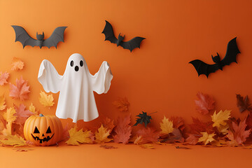 Minimalistic Halloween background with a ghost, pumpkin, bats and autumn leaves on orange back