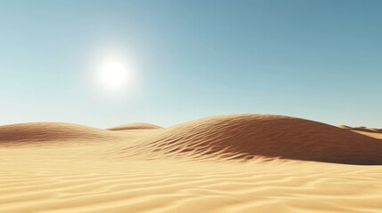 A clear sky over a vast desert landscape with golden sand dunes and minimal vegetation, showcasing natural beauty.
