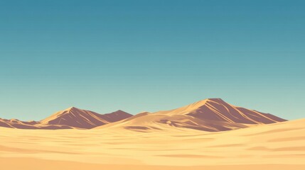 A clear sky over a vast desert landscape with golden sand dunes and minimal vegetation, showcasing natural beauty.