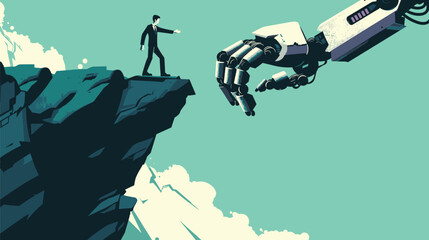 AI Robot Arm Pushing Businessman Off Cliff, Symbolizing Artificial Intelligence Disrupting Human Work and Causing Job Uncertainty