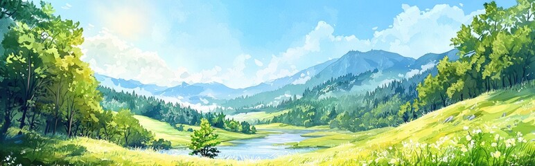 Breathtaking Landscape of Lush Greenery and Mountain Vistas Under Clear Blue Skies
