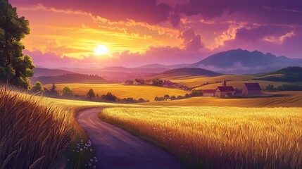 A stunning sunset paints the sky above a field of golden wheat. Rolling hills and a country road lead to a charming village nestled at the foot of distant mountains.