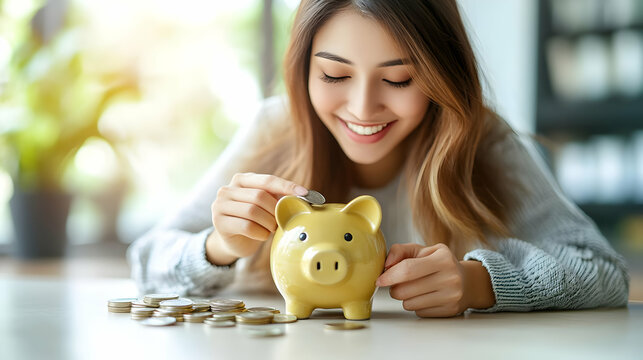 A woman happily saving coins in a piggy bank at home.