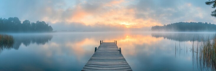 Fototapeta premium Misty Morning Sunrise on a Calm Lake
