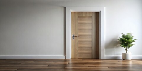 A contemporary front door leads to a chic, minimalist space defined by crisp white walls and warm wooden