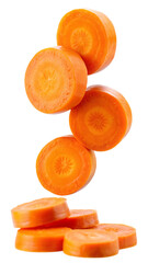 Falling Carrot slice isolated on white background, full depth of field
