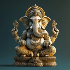 A detailed golden statue of Ganesha, the Hindu god of wisdom, prosperity, and good beginnings, with a blue background.