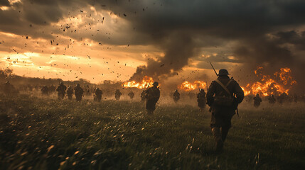Fototapeta premium A dramatic battlefield scene with soldiers charging into battle, explosions in the background, and dark storm clouds looming overhead, creating an intense and chaotic atmosphere.