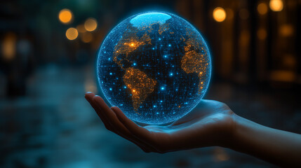A hand holding a glowing blue digital globe with a global network and connectivity concept on a dark background, representing the world of artificial intelligence technology