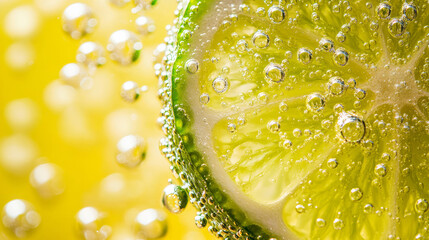 Close-up of a lime slice and bubbles in sparkling water on a yellow background