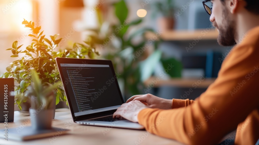 Poster a developer immersed in coding, surrounded by greenery, captures the essence of creativity.