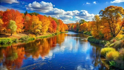 Autumn landscape with colorful trees near river under blue sky